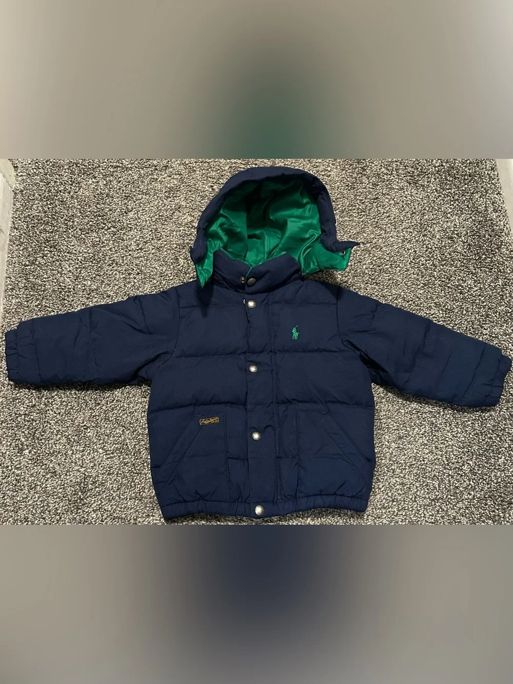 Polo by Ralph Lauren Navy Puffer Jacket with Green Hood Lining- Size 3T